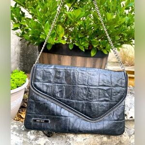 Nine West Clutch Shoulder Bag, Black Faux Crocodile with zipper detail